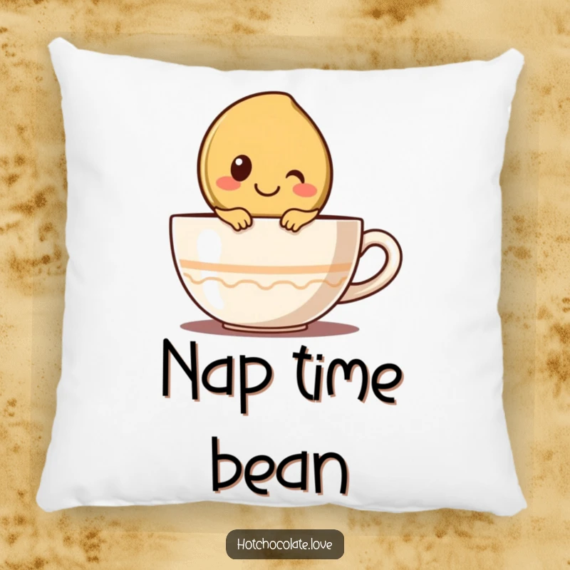 Funny pillow with a cute coffee bean character peeking over a cup, offering cozy comfort and a morning smile.