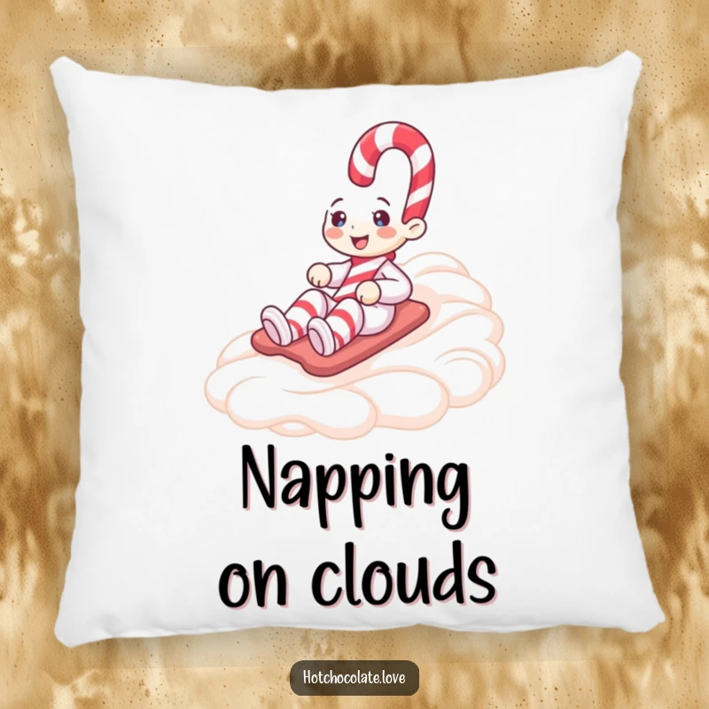 Funny pillow designed with a smiling candy cane character sliding down a fluffy mound of whipped cream, perfect for festive snuggles.