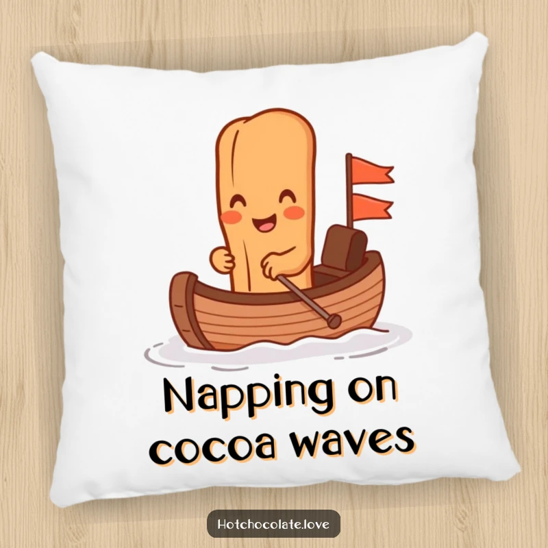 Funny cinnamon stick rowing a tiny chocolate boat, featured on a plush pillow, providing a humorous and cozy decorative accent.