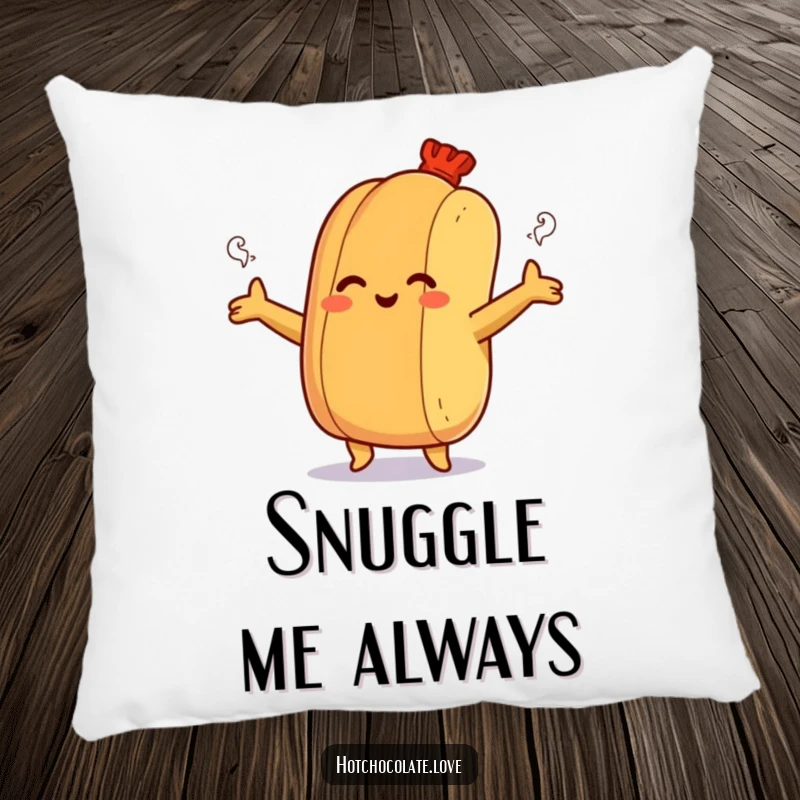 Funny pillow featuring a smiling hot dog bun offering a steamy hug, providing a cozy and cheerful touch.