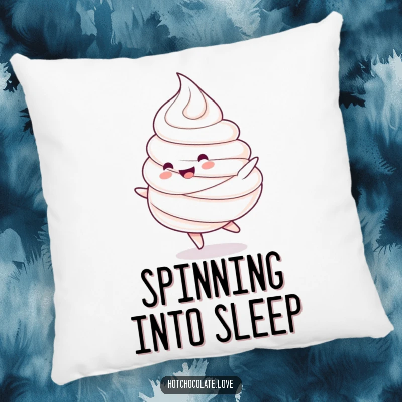 Funny pillow: A charming whipped cream dollop character doing a happy spin. Soft and amusing home decor.