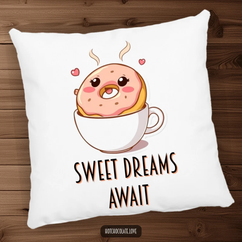 Funny pillow: A bouncy donut character floating in hot chocolate. Soft and amusing home decor.