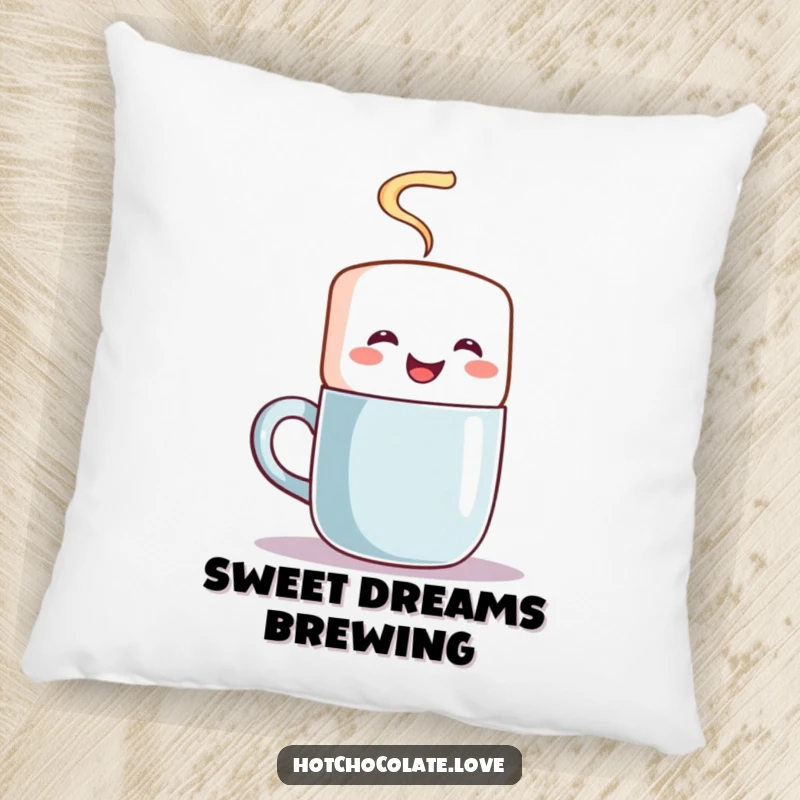 Funny pillow depicting a joyful marshmallow character stirring a steaming mug with enthusiasm, adding a cozy touch.