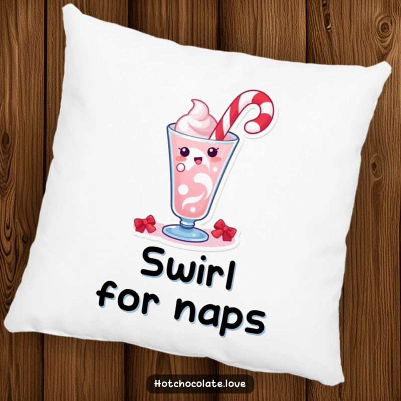 Funny pillow showcasing a happy candy cane character in a festive swirl motion, perfect for adding holiday comfort and cheer.