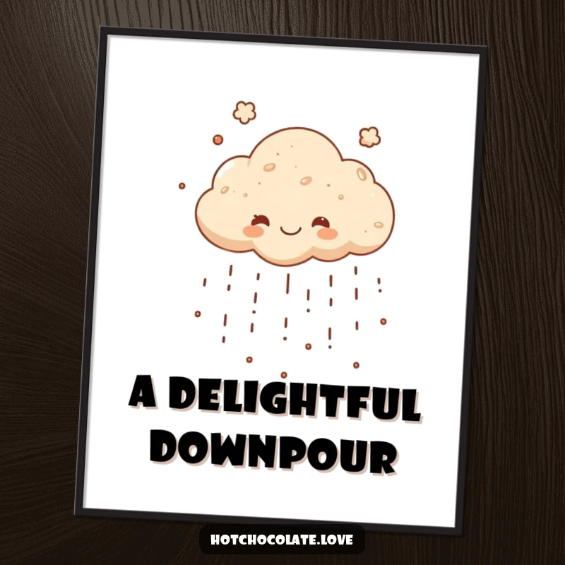 Funny digital art print of a happy cocoa powder cloud raining down, offering instant sweet humor and chocolatey charm for any display.