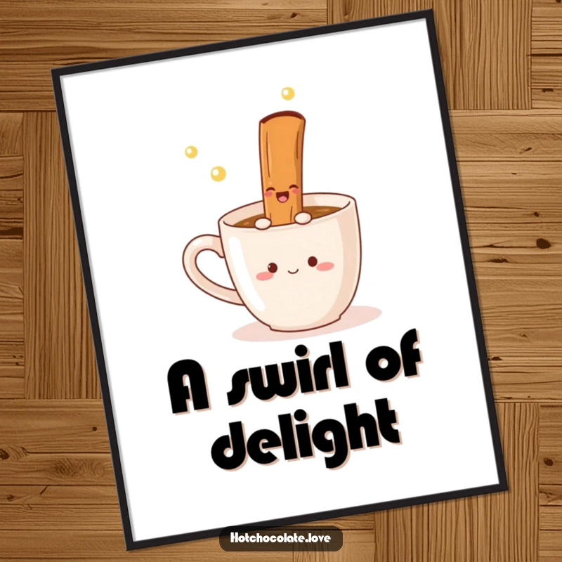 Funny digital art of a delighted cinnamon stick joyfully twirling in a mug, bringing instant warmth and spiced smiles.