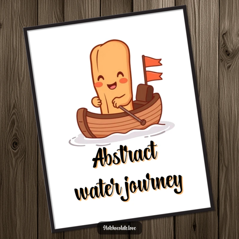 Funny cinnamon stick rowing a miniature chocolate boat, designed as a printable digital art piece for instant whimsical decor.