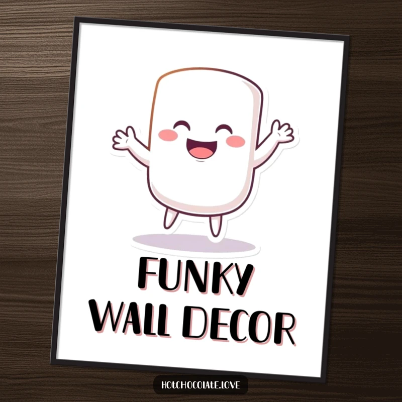 Funny Digital Art Print of a grinning marshmallow doing a silly dance, exuding playful humor and sweet charm.