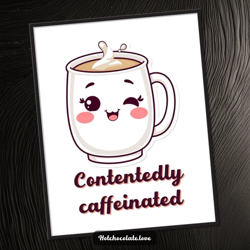 Funny digital art: A bubbling mug character winking contentedly. Cheerful and amusing wall art.