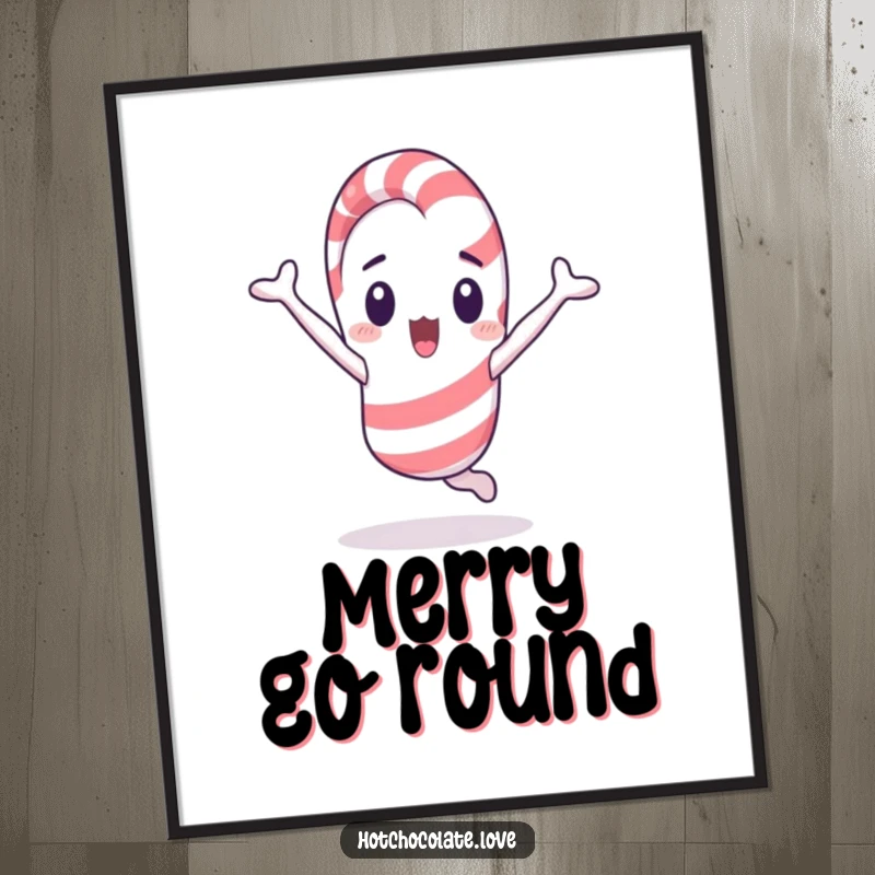 Funny surprised candy cane mid-cartwheel, a high-resolution digital art print for instant humorous decor.