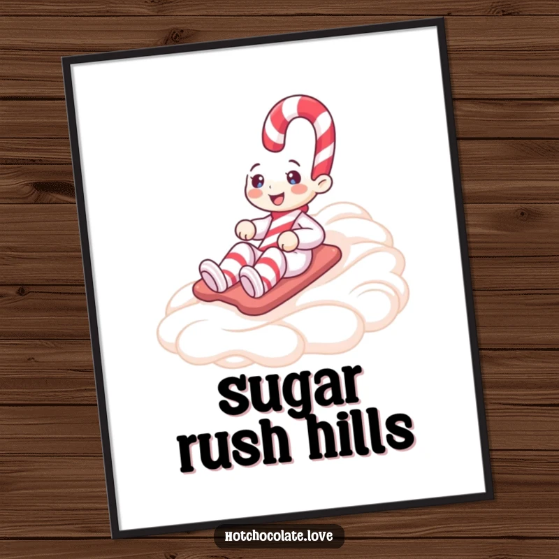 Funny digital art print of a happy candy cane character joyfully sliding down a fluffy peak of whipped cream, full of holiday spirit.