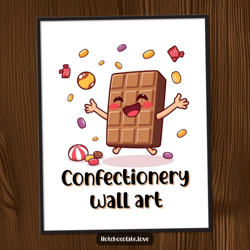 Funny Digital Art Print of a joyful chocolate bar juggling tiny candies, exuding playful humor and sweet charm.