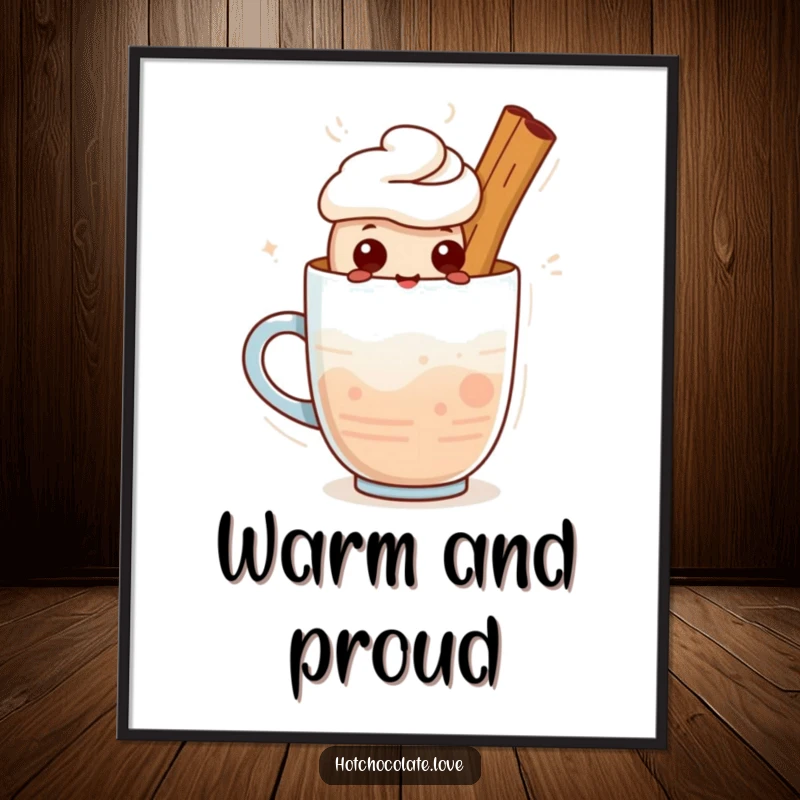 Funny digital art: A cute cinnamon stick character standing proudly in a warm drink. Cozy and charming art.