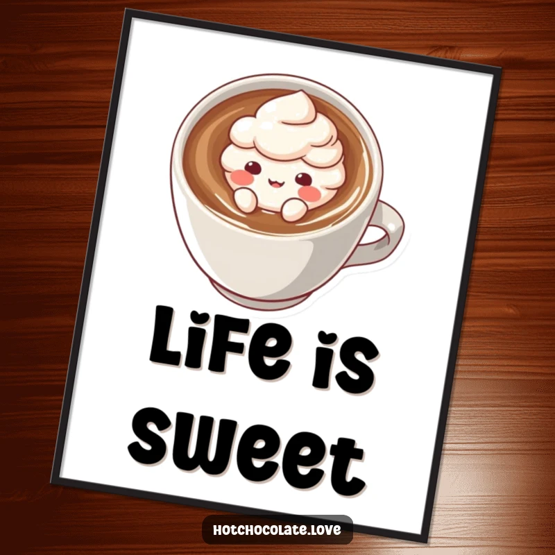 Funny digital art print of a cute cocoa powder puff character floating in a hot drink, perfect for instant, humorous wall decoration.