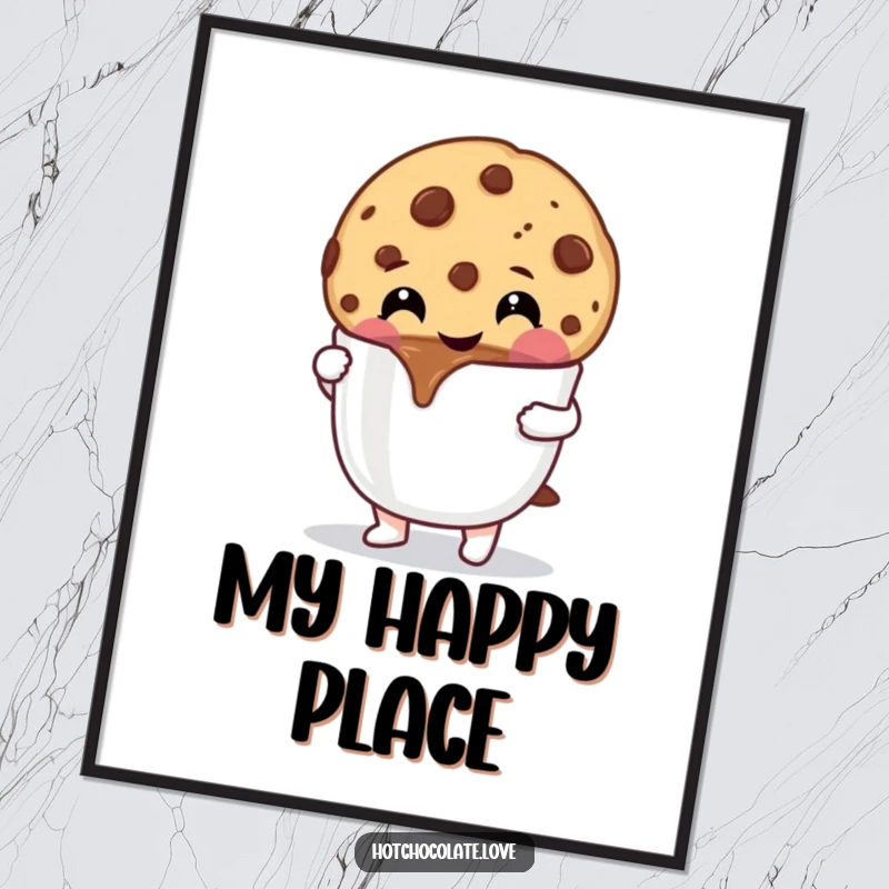 Funny Cookie Digital Art Print: A cheerful chocolate chip cookie dipping into hot chocolate, ready to add sweetness.