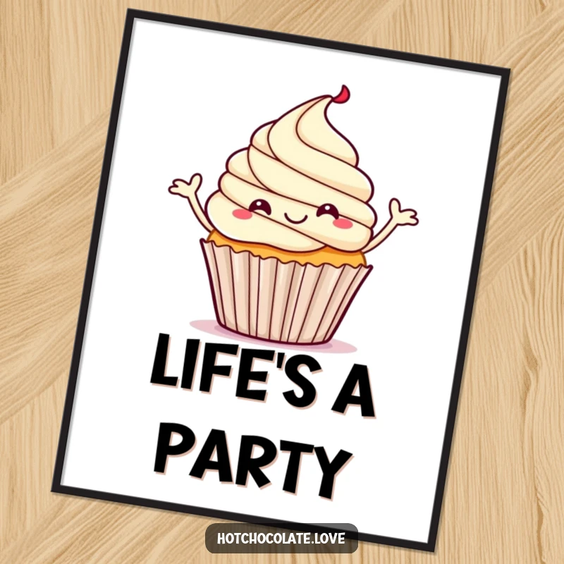 Funny digital art of a happy cupcake with steam rising, performing a cheerful jig.