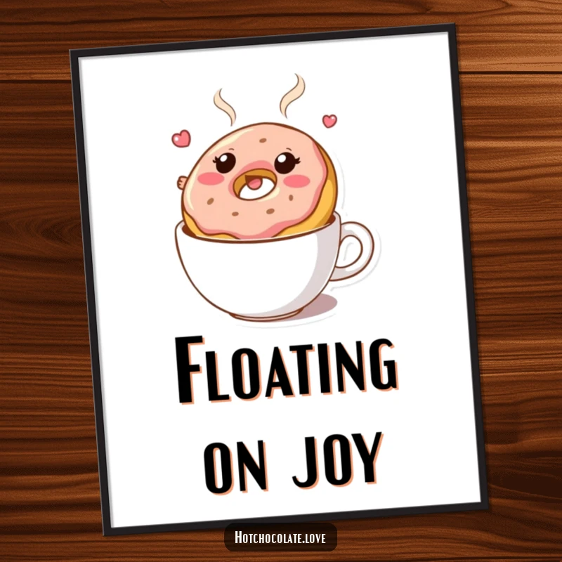 Funny digital art: A bouncy donut character floating in hot chocolate. Whimsical and sweet wall art.