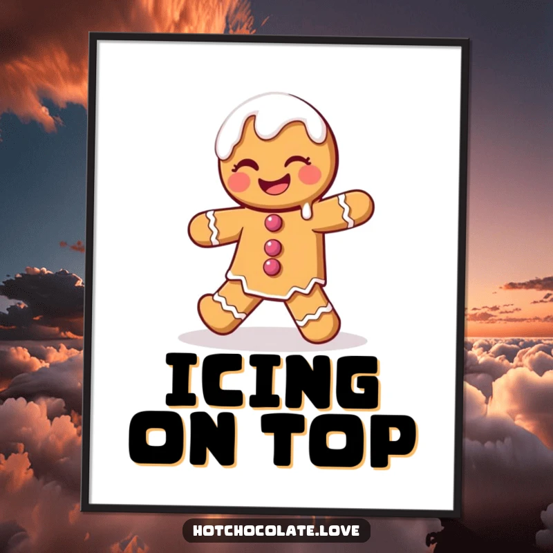 Funny Gingerbread Man Digital Art Print of a winking character doing a playful dance with dripping icing, perfect for festive decor.