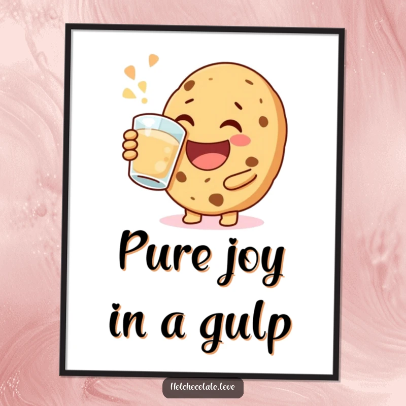 Funny happy cookie digital art print, joyfully taking a big sip, bringing instant cheerful vibes and jovial happiness.