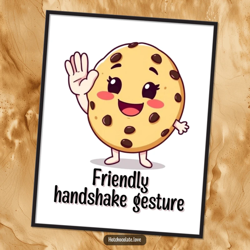 Funny anthropomorphic chocolate chip cookie enthusiastically giving a high-five, designed as a printable digital art piece.