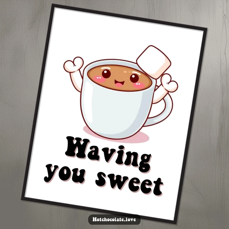 Funny digital art of a smiling hot chocolate mug with marshmallow arms waving hello, whimsical and warm.