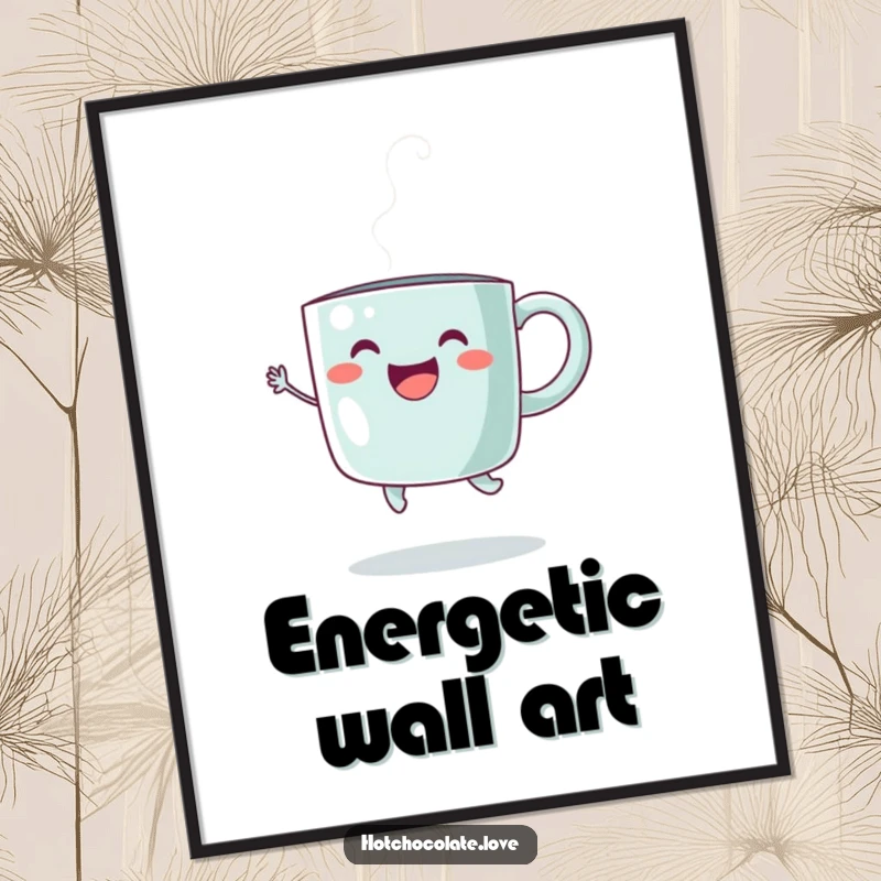 Funny Digital Art Print of a happy steaming mug in a joyful jump, exuding energetic humor and vibrant cheer.