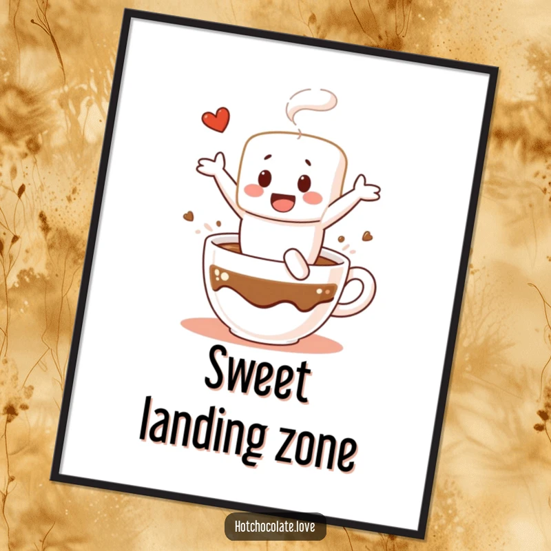 Funny digital art print of a cheerful marshmallow character gleefully diving into a steaming mug of hot chocolate, capturing pure sweet joy.