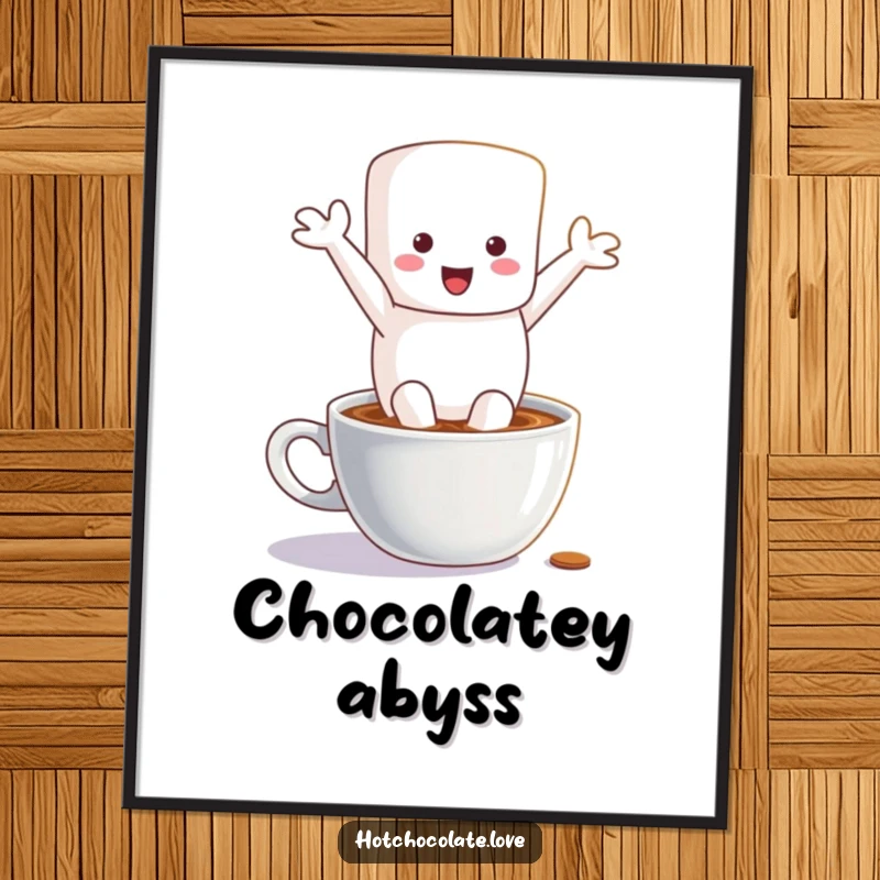 Funny digital art print of a happy marshmallow character joyfully leaping into a warm mug of hot chocolate, full of playful energy.