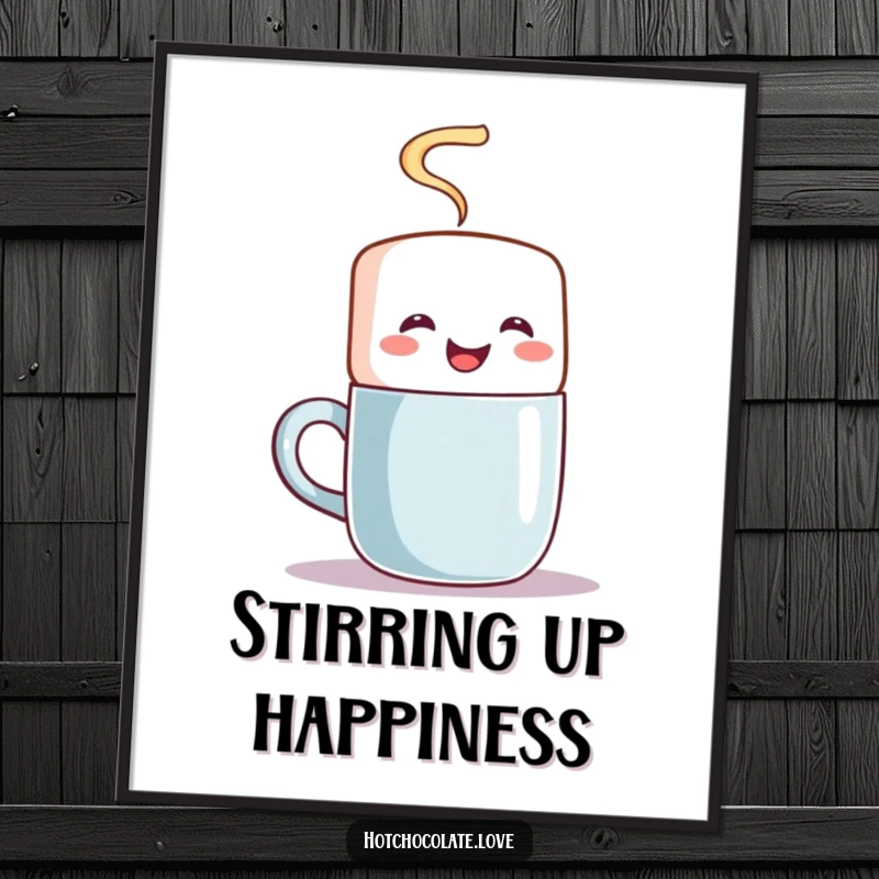 Funny digital art print of a happy marshmallow character enthusiastically stirring a steaming mug, ready for download.