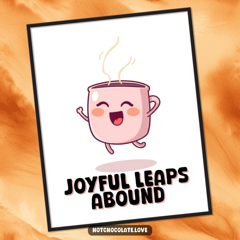 Funny digital art of a happy steaming mug performing an energetic joyful jump, ideal for instant humorous wall decor, funny gift.