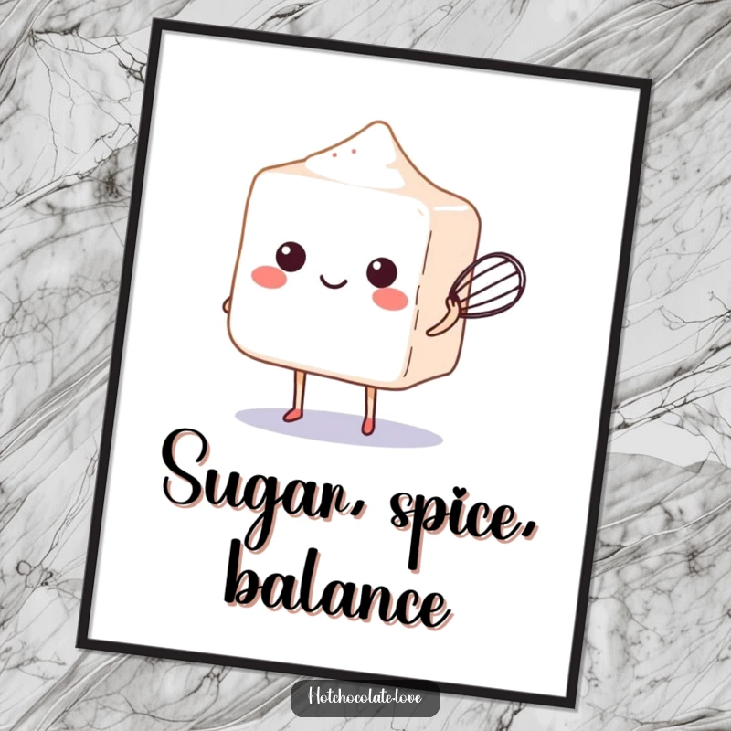 Funny sugar cube balancing a whisk, perfect for a digital art print to add sweet charm.