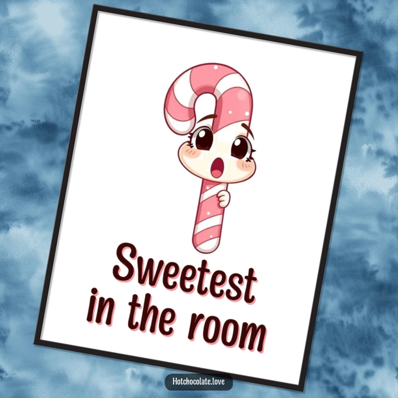 A surprised candy cane looking at its reflection, available as a funny digital art print, ideal for whimsical holiday decor.