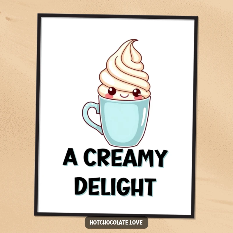 Funny whipped cream character popping playfully out of a mug, presented as a digital art print for instant decor.
