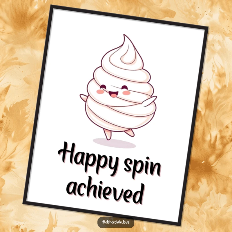 Funny digital art: A charming whipped cream dollop character doing a happy spin. Whimsical and sweet wall art.