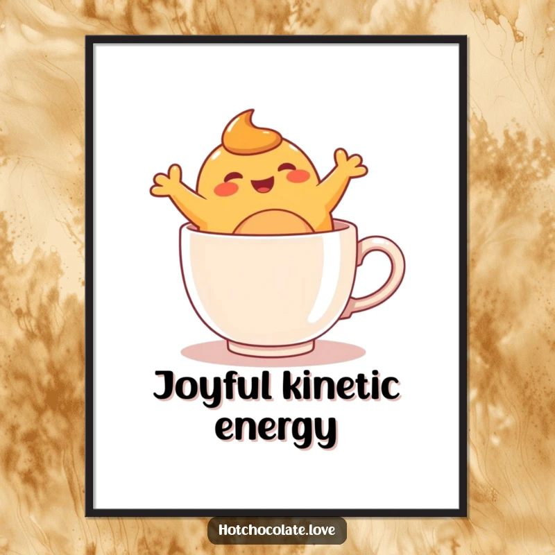 Funny anthropomorphic caramel blob joyfully leaping inside a warm mug, designed as a printable digital art piece.