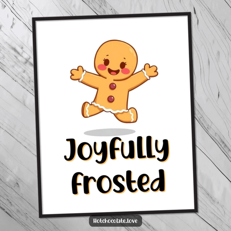 Funny gingerbread person skipping with infectious glee, a high-resolution digital art print for instant cheerful decor.