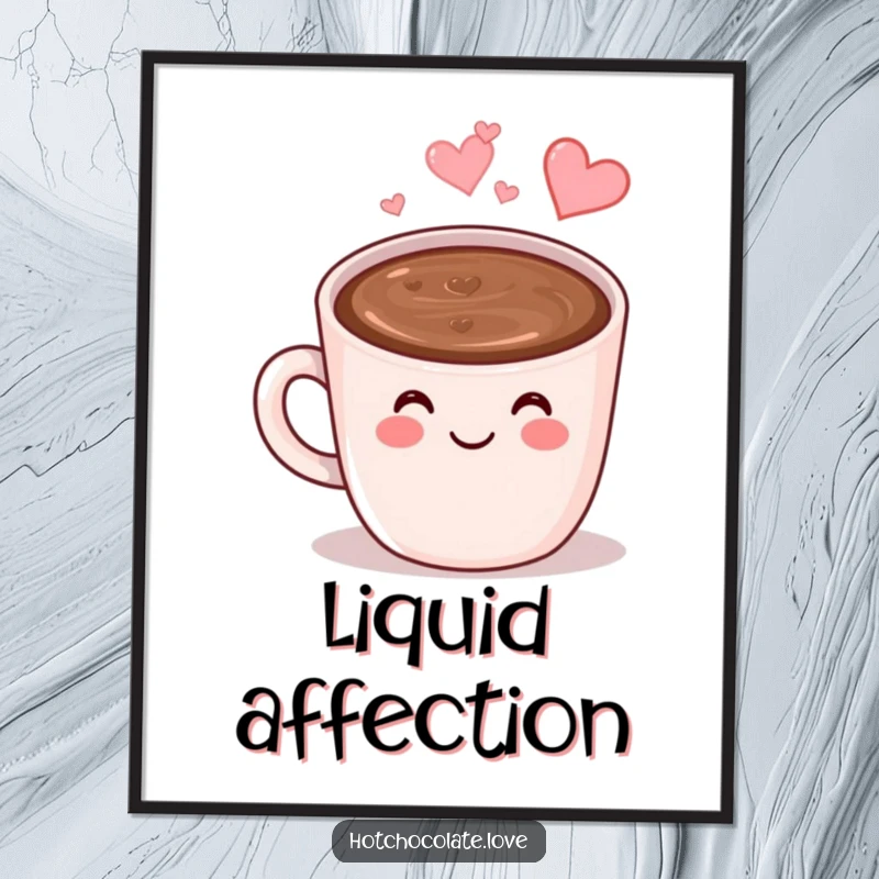 Funny Hot Chocolate Digital Art Print: A smiling anthropomorphic mug of hot chocolate with heart-shaped steam, radiating love and warmth.