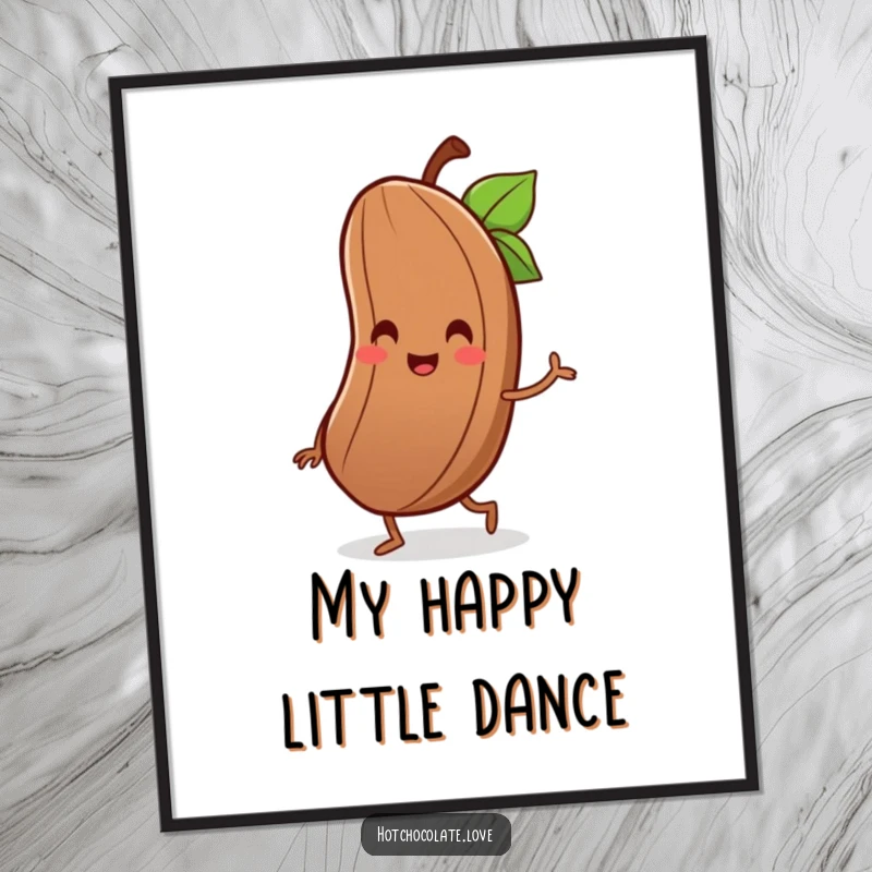 Funny digital art print of a delighted cocoa bean with a tiny smile, joyfully performing a little jig.