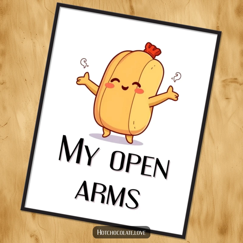 Funny digital art print of a smiling hot dog bun offering a steamy hug, perfect for foodies and humor lovers.