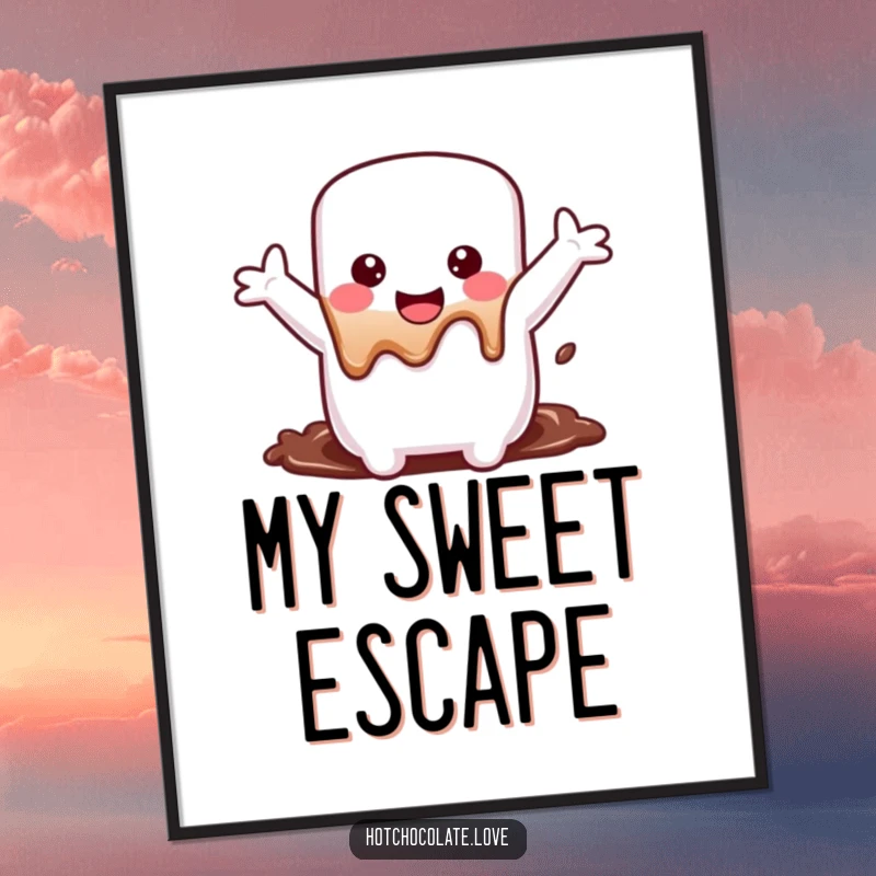 Funny digital art of a gleeful marshmallow with arms wide, joyfully melting into chocolate, bringing instant smiles and sweetness.