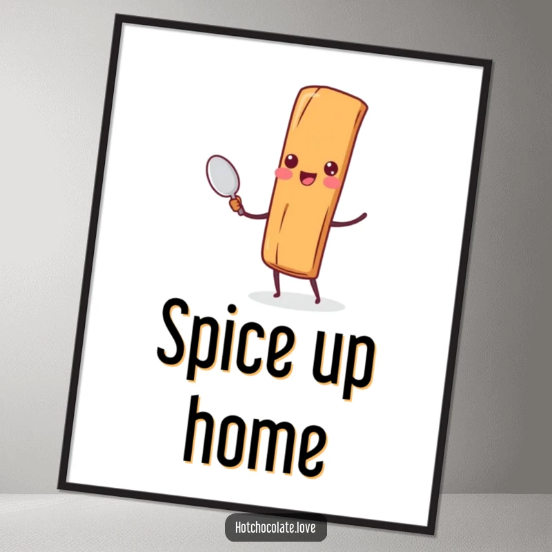 Funny Cinnamon Stick Spoon Print: A cheerful cinnamon stick character holding a tiny spoon, perfect for adding instant joy and humor to any space.