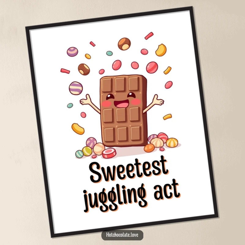 Funny digital art of a joyful chocolate bar juggling small candies, bringing sweet humor and charm to any room, funny gift.