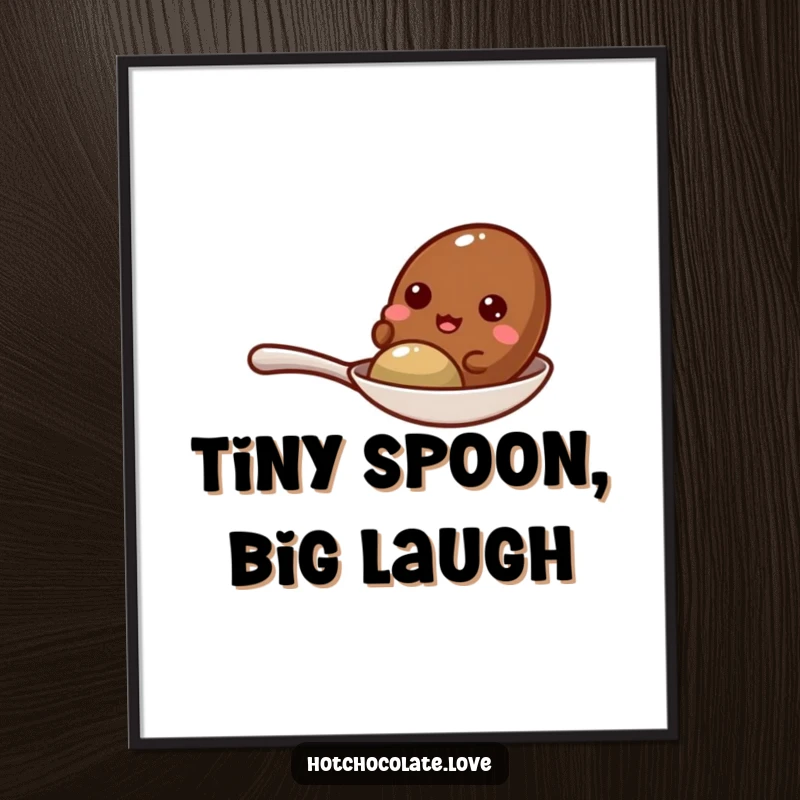 Funny cocoa bean with a wide giggle on a tiny spoon, perfect for a digital art print.