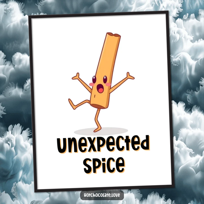 Funny cinnamon stick character surprised while performing a cartwheel, presented as a dynamic digital art print.