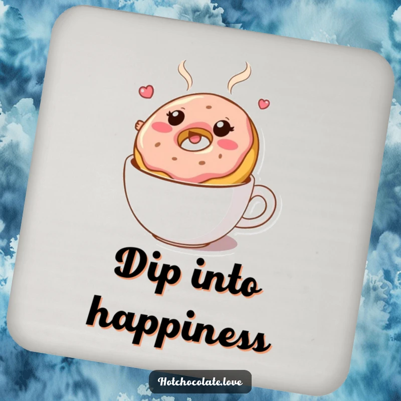 Funny coaster: A bouncy donut character floating in hot chocolate. Protects surfaces with sweetness.