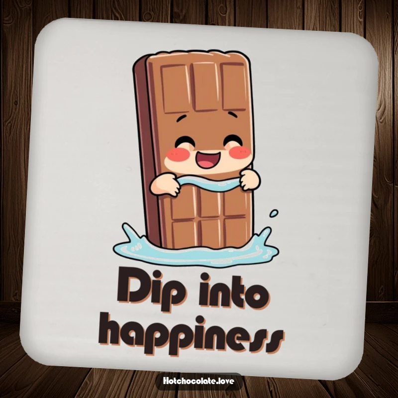 Funny Chocolate Coaster featuring a giggling chocolate bar person taking a dip, adding sweet charm to drinks.