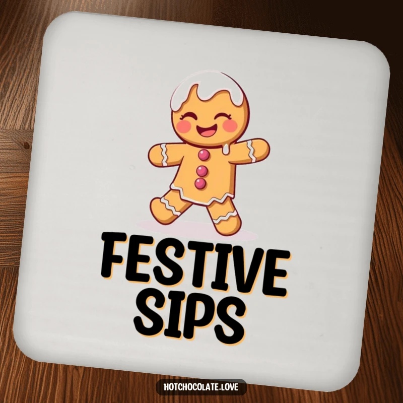 Funny Gingerbread Man Coaster featuring a winking character doing a playful dance with dripping icing, protecting surfaces humorously.