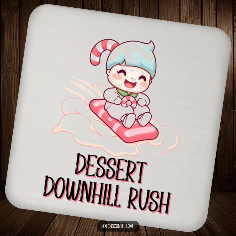 Funny candy cane person sliding down a whipped cream slope, featured on a set of protective drink coasters.