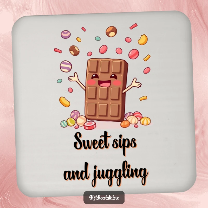 Funny coaster featuring a joyful chocolate bar juggling tiny candies, adding sweet humor and protecting surfaces, funny gift.