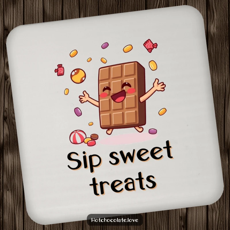 Funny Drink Coasters featuring joyful chocolate bars juggling tiny candies, protecting surfaces with humor and sweetness.
